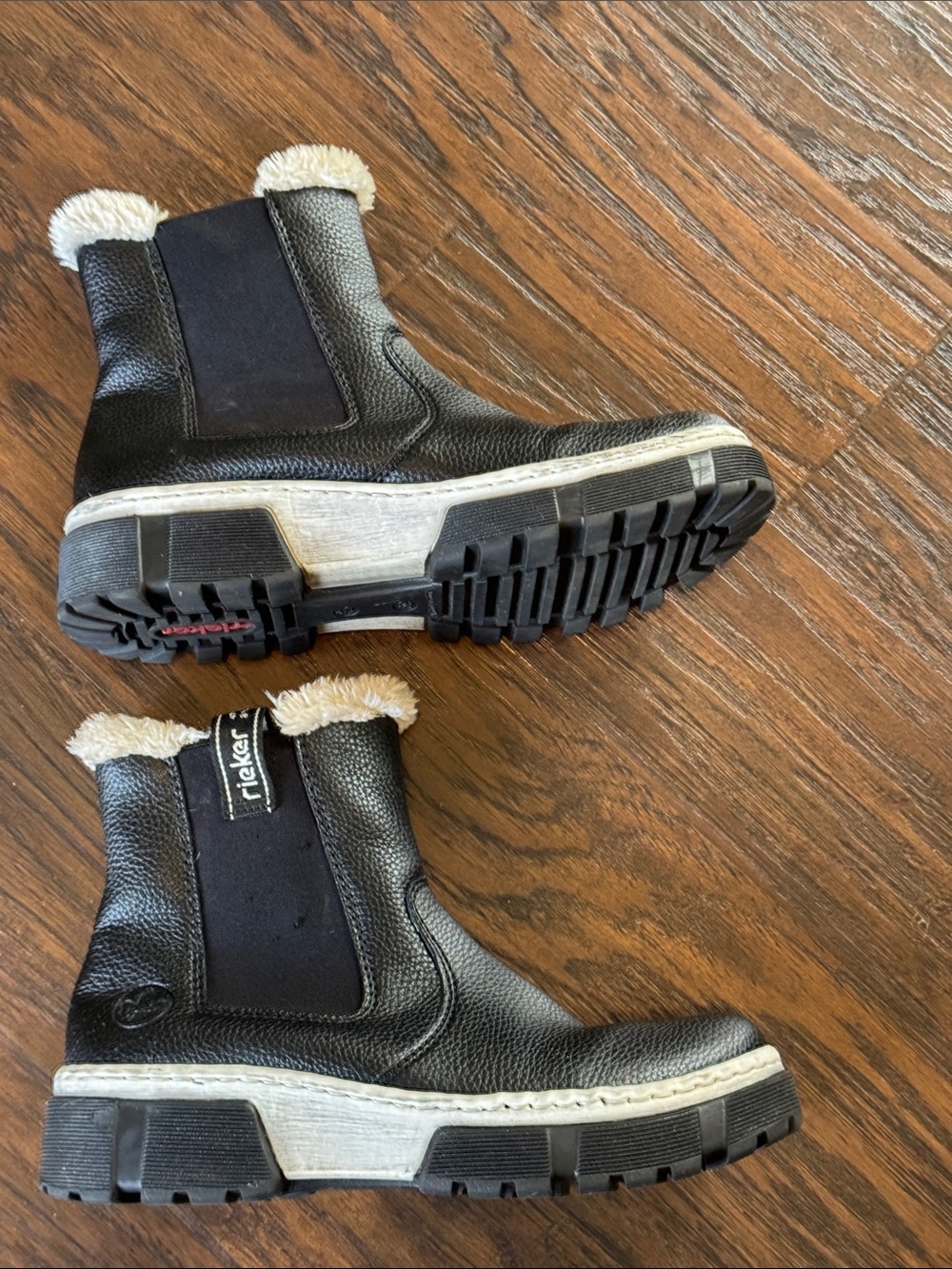 Rieker Black Ankle Boots with Cream Fur Trim - Picture 4 of 11